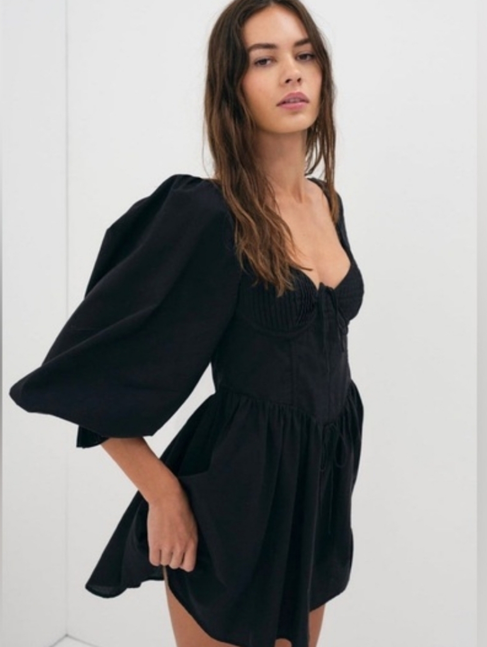 FOR THE LOVE & LEMONS RUTH MINI BLACK DRESS LONG SLEEVES W RUFFLES WOMENS XSMALL - Picture 1 of 14